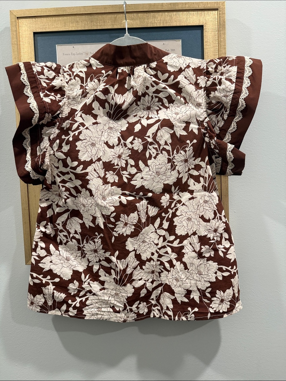 Women’s Entro Sz SM Brown & Cream Floral Tunic top - Embroidered V-Neck - Picture 3 of 3